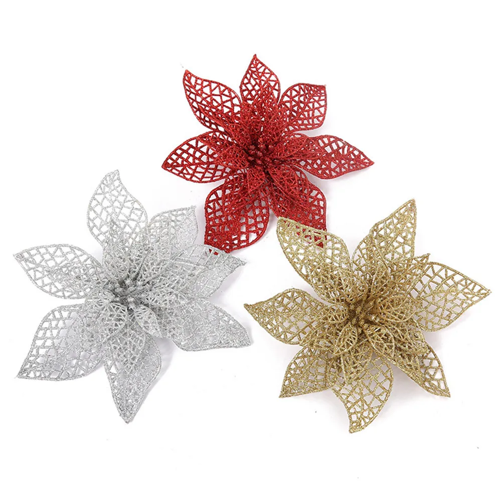 

5pcs Christmas Large 19cm Poinsettia Glitter Flower Tree Hanging Party Decor Christmas Decorations 2021 New Year Home Decor