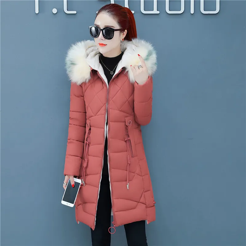 Women's Winter Jacket Artificial Large Fur Collar Hooded Female Coat Slim Cotton-padded Long Outerwear Parka 1211 | Женская одежда