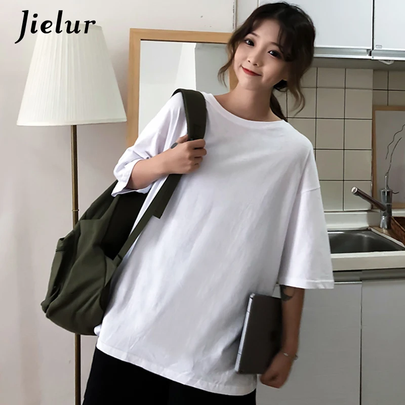 Jielur 9 чистый цвет Футболка для женщин Корейский молодой шик короткий рукав Femme M XXL