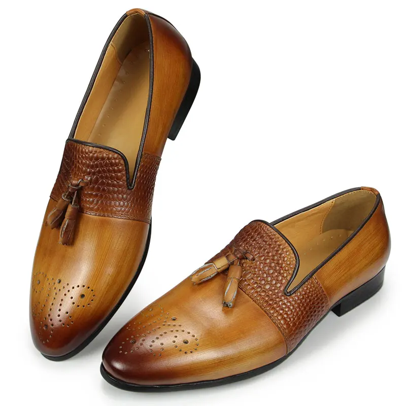

Loafer Designer Shoes Men Casual Fashion Tassel Office Business Vintage Handmade Genuine Leather Adult Comfortable EVA Yellow 46