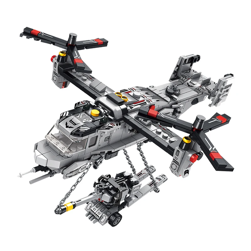 

703pc military series 8 in 1ww2 Osprey transport aircraft fighter tank model brick compatible Lego military children's toys