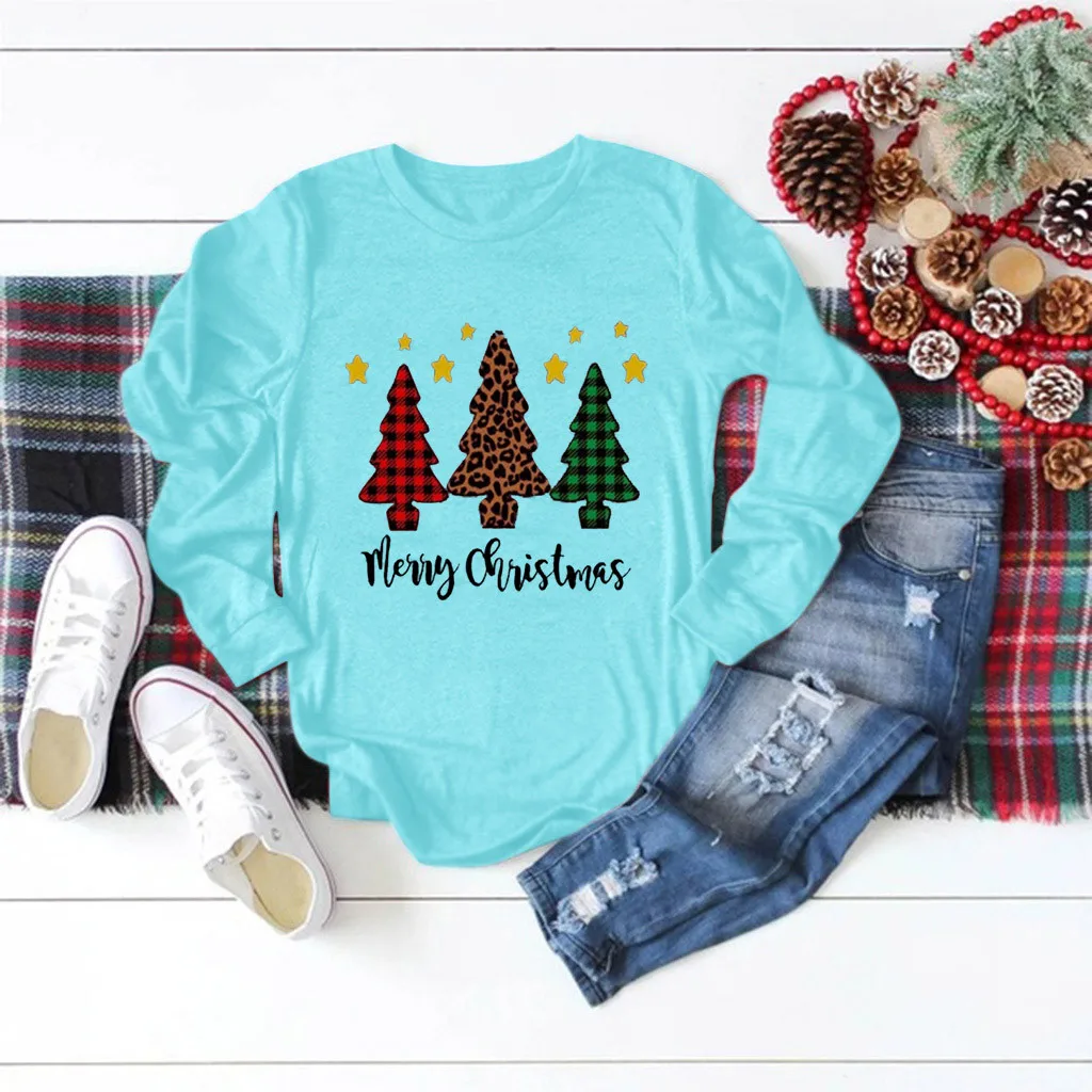 Рождественская женская футболка с длинным рукавом 2019 Мода Осень Зима размера