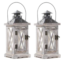 2 pack decorative lantern candle holder wooden rustic style for table top mantle wall hanging decor indoor outdoor use