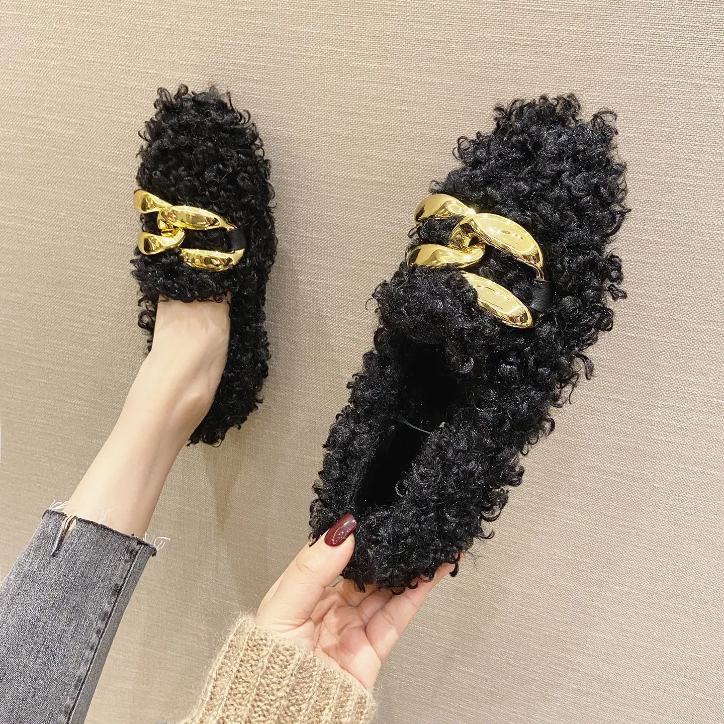 

Casual Woman Shoe Modis Slip-on Loafers Fur Round Toe Clogs Platform Shallow Mouth Moccasin 2021 Slip On Creepers Winter Leisure