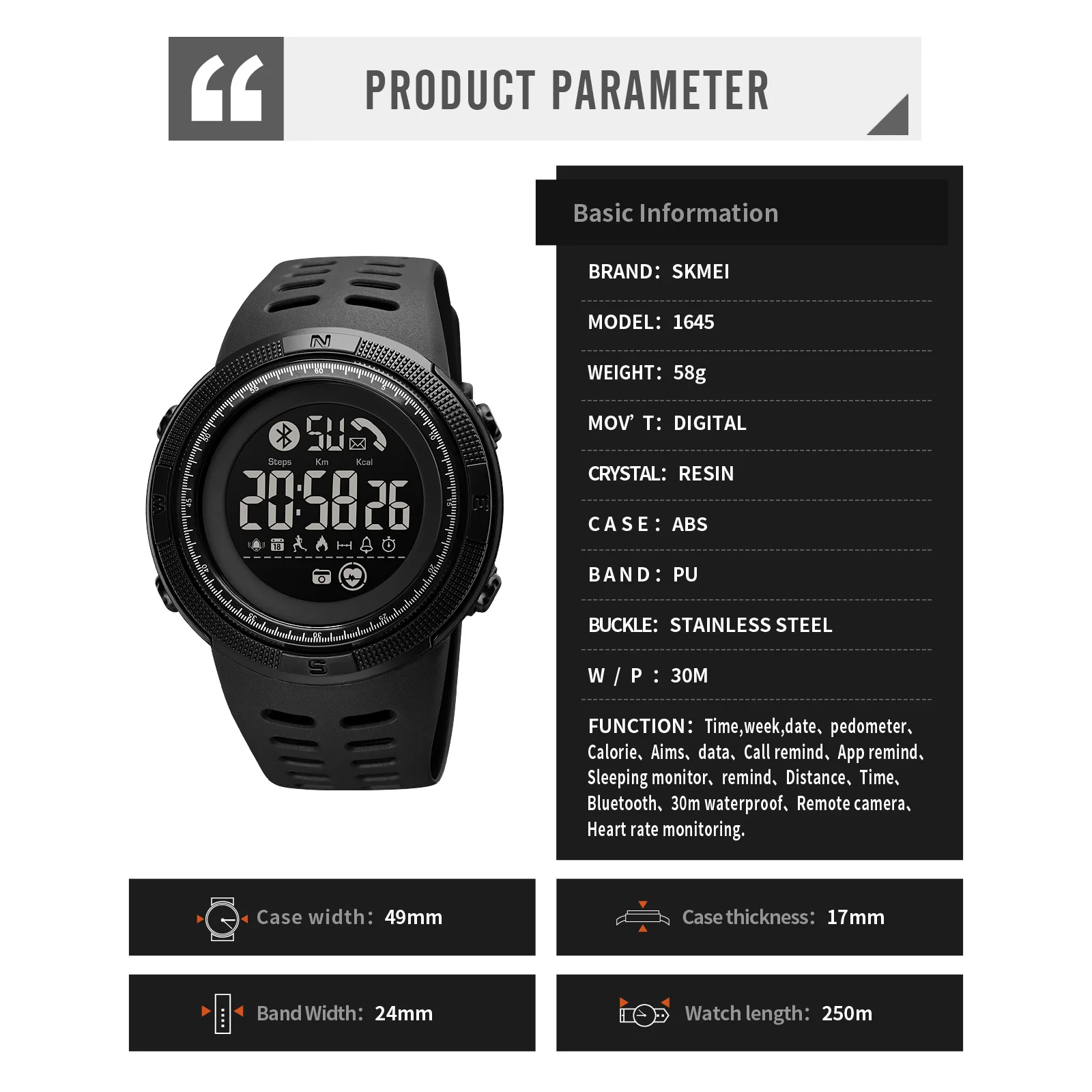 

SKMEI LED Light Electronic Clock Waterproof Men Wristwatch Date Calorie Heart Rate Monitor Mens Watches Relogio Masculino 1645