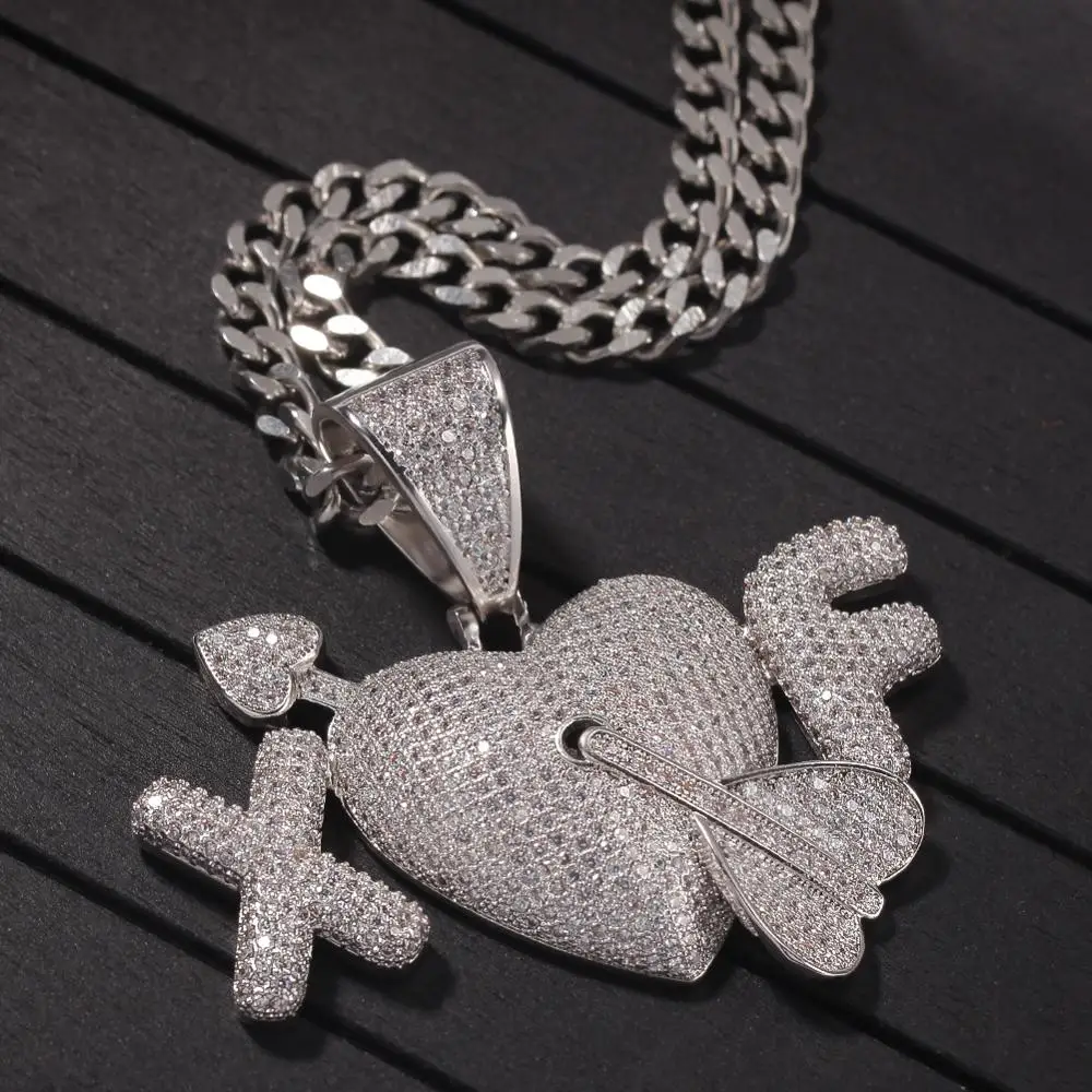 

Custom 2 letters An Arrow Through the Heart Necklace Hip Hop Full Iced Out Cubic Zirconia Sliver Color CZ Stone