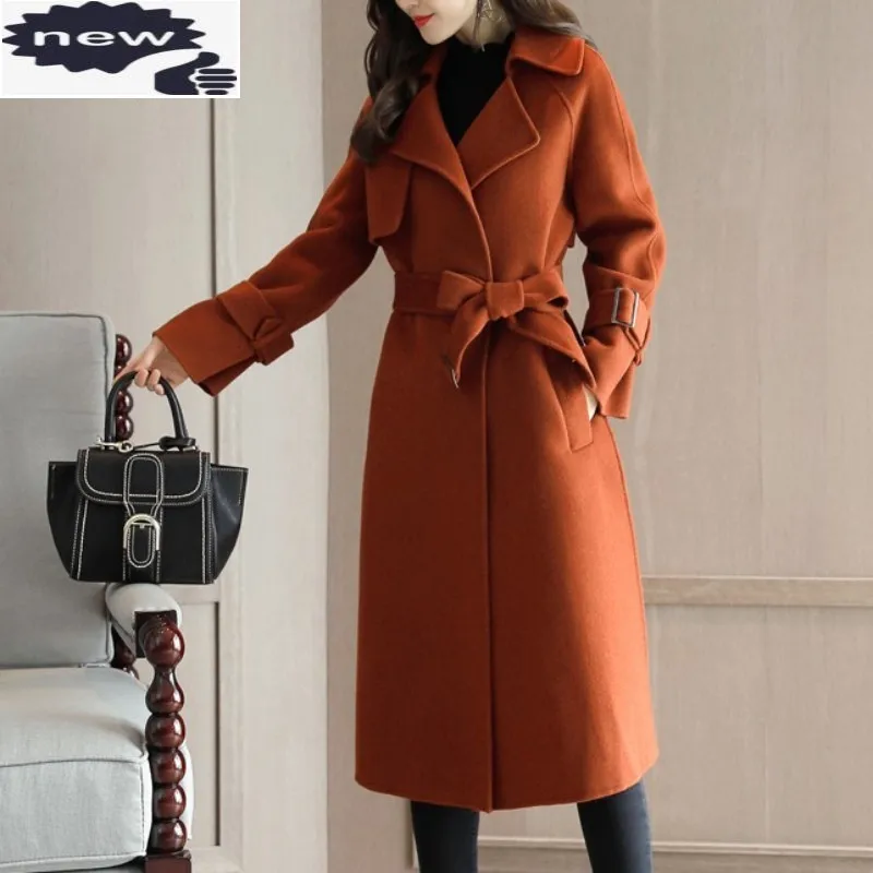 

New Fashion Women Autumn Belted Long Wool Blends Coat Loose Fit Ladies Maxi Overcoat Trench Woolen Office Windbreaker Coats