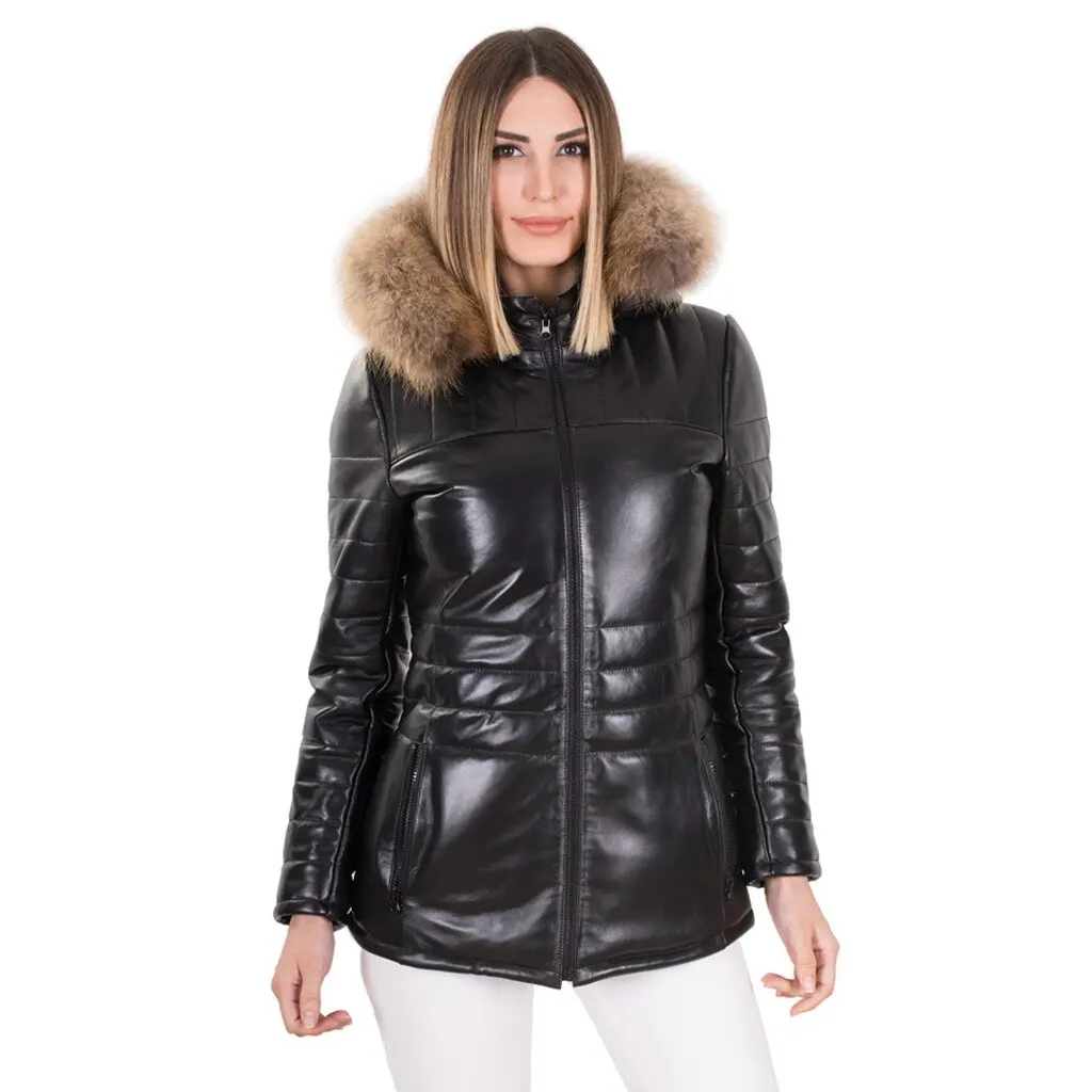 Women's collar fur leather jacket winter black color waterproof leather jacket genuine sheepskin long overcoat warm