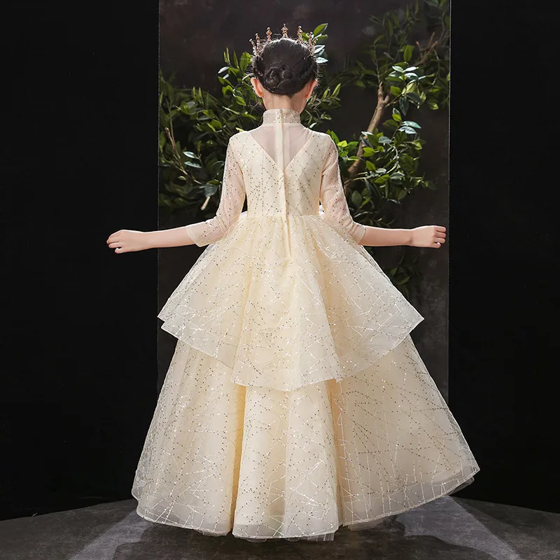 

Children Girls High Quality Champagne Color Florals Sequined Design Wedding Party Birthday Long Dress For Piano Host Ceremony