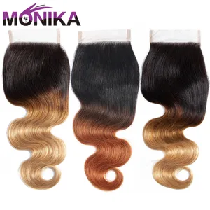 Monika 4x4 кружевные человеческие волосы бразильские волнистые волосы T1B #4 #27 #30 Омбре блонд цвет темные корни зажимы не реми волосы