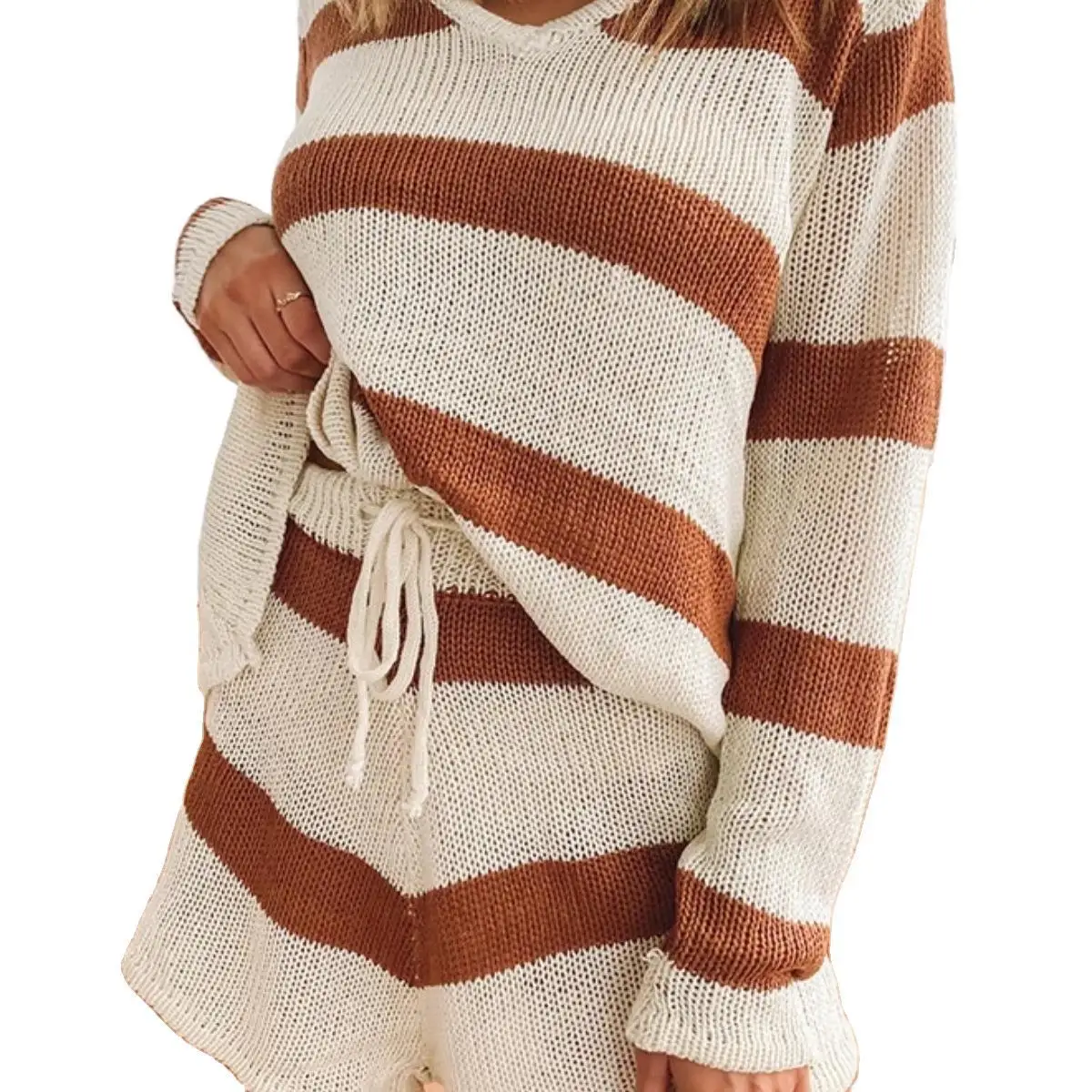 

Long Sleeve Striped Sweater&shorts Suit Women's Fall Clothing 2021 O-neck Knitted Pullover Loose Oversive Suits with Shorts