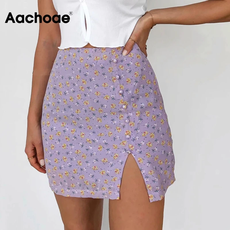 

Aachoae Women High Waist Vintage Mini Skirts 2021 Floral Print Split Buttons Elegant Skirt Ladies Chic Skirts Jupe Femme