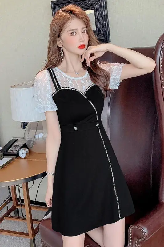 

COIGARSAM Fashion Patchwork Women one-piece dress korean New Summer Dresses Black 835