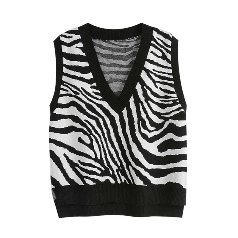 2022 Spring Fall Vest Zebra Striped V Neck Sleeveless Short Sweater Vests Women Korean Fashion Knitted Pullover Waistcoat Jumper