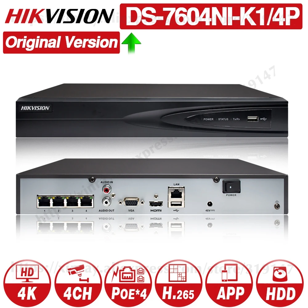 Hikvision DS-7604NI-K1/4 P 4CH POE встроенный штекер Play 4K PoE NVR для ip-камеры CCTV системы обновляемый HDD выбор