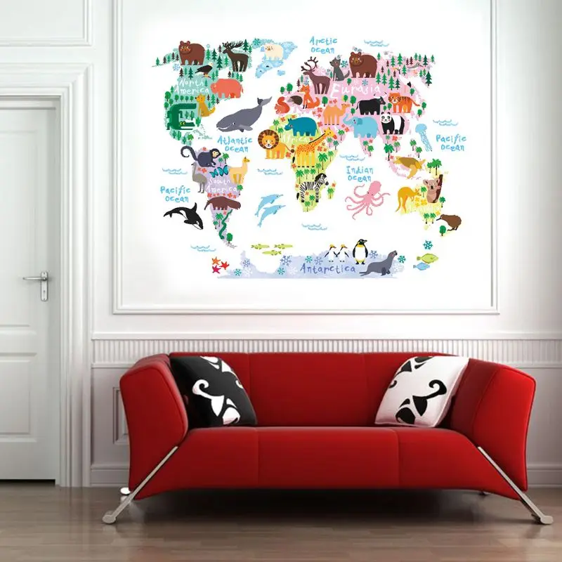 Милые животные Карта мира Съемный Настенный стикер настенные наклейки для детей