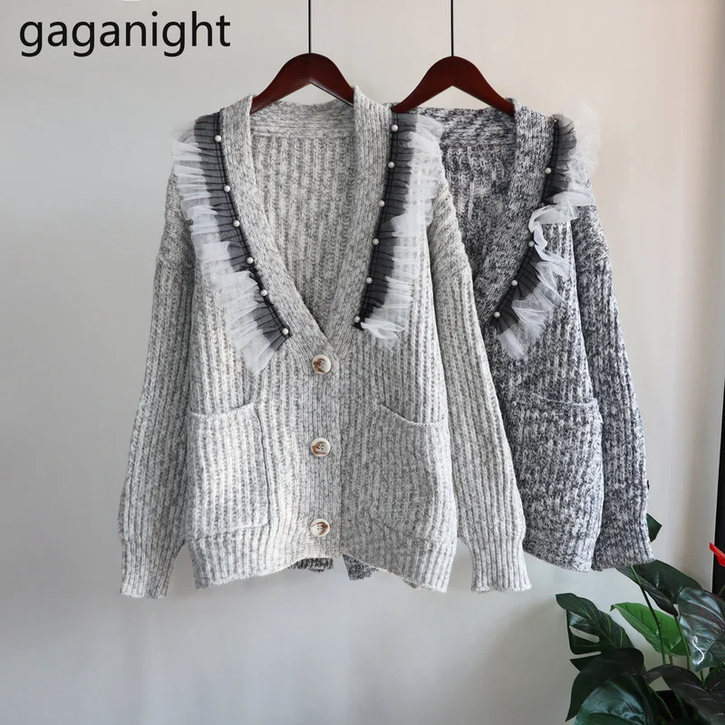 

Gaganight, Женский плотный вязаный кардиган, куртка, Осень-зима 2021, Новый сетчатый вырез, вышивка бисером, корейский шикарный модный свитер