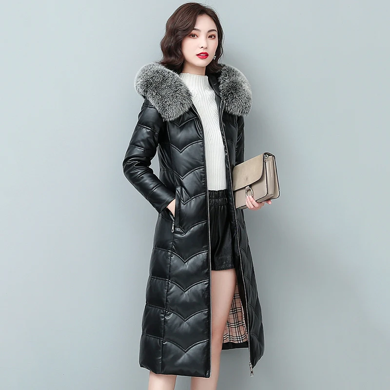 New Women Leather Down Coat Autumn Winter 2022 Fashion Soft Real Fox Fur Collar Hooded Solid Slim Long Sheepskin Down Jacket