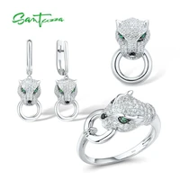 santuzza 925 sterling silver jewelry set for women white cz green eyes ring earrings pendant leopard set %d0%ba%d0%be%d0%bb%d1%8c%d1%86%d0%b0 fine jewelry