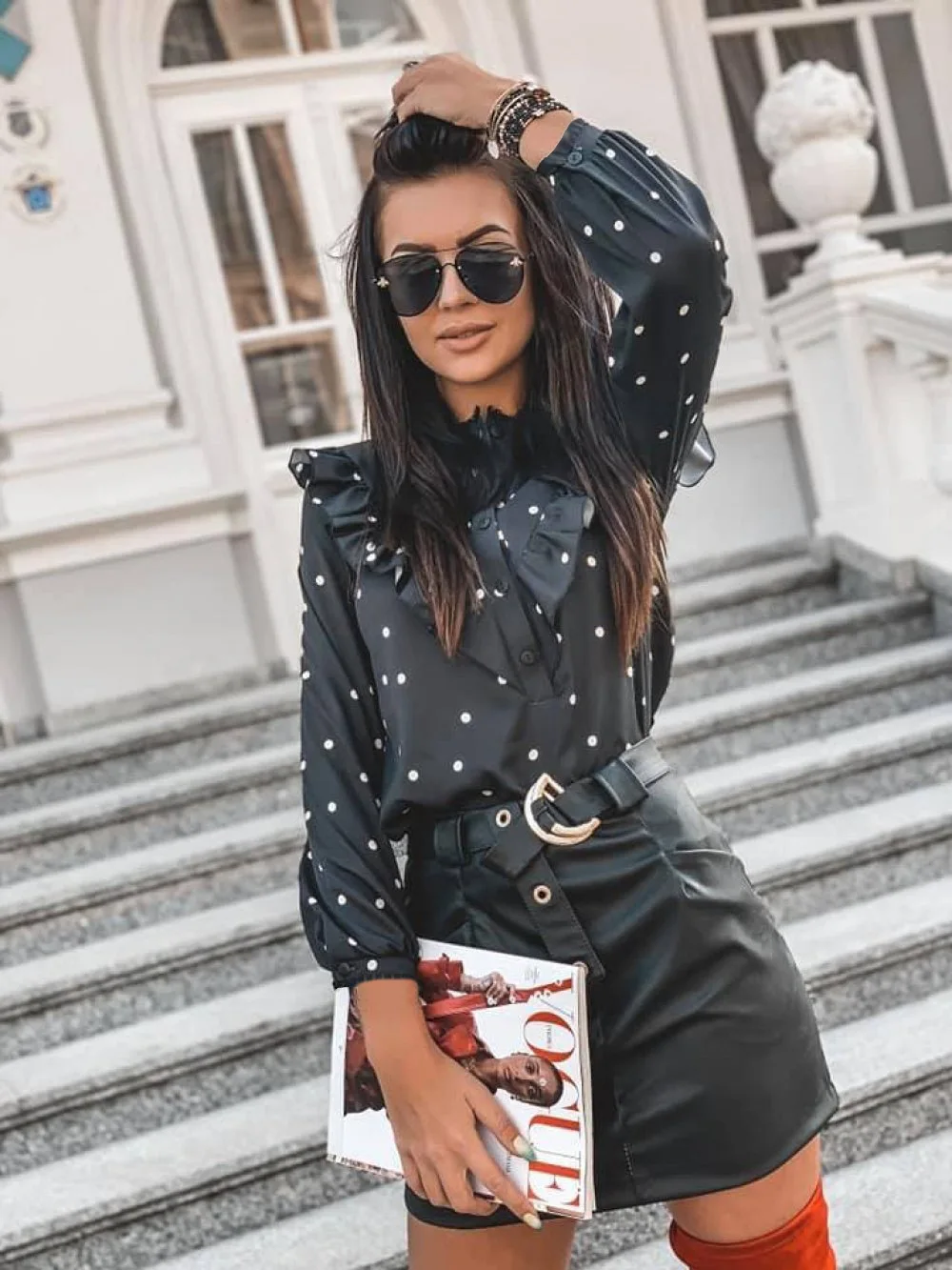 

Blusa femenina informal de lunares con botones para oficina camisa chemisier elegant a manches longues pour femme