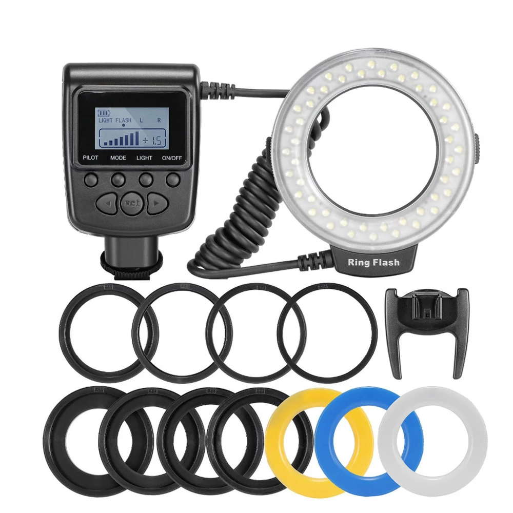 

RF-550D HD-130 48pcs Macro LED Ring Flash Kit for Canon Nikon Pentax Olympus Panasonic DSLR Camera with 8 Adapter Ring