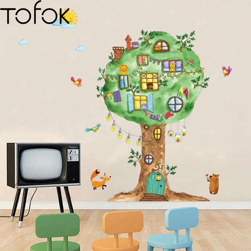 

Tofok Animal Tree Park Hand-painted Color Wall Stickers Children's Room Decorative Wall Decals Bedroom Living Room Decor