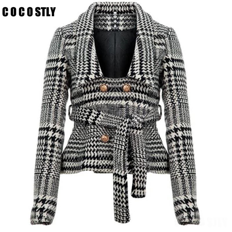 Женский клетчатый твидовый блейзер с отложным воротником двубортный карманами и