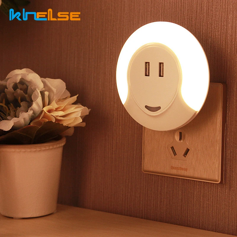 Круглая светодиодная Ночная лампа с автоматическим датчиком и 2 USB разъемами для