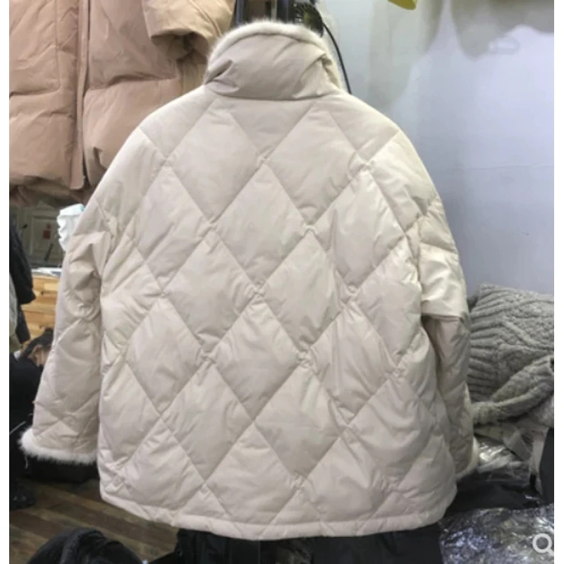 Winter Korean style stand-up collar thick white duck down lapel women coats temperament single-breasted thick big pocket coats