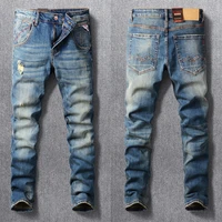 italian style fashion men jeans distressed retro blue elastic slim fit ripped jeans men vintage designer casual denim hole pants