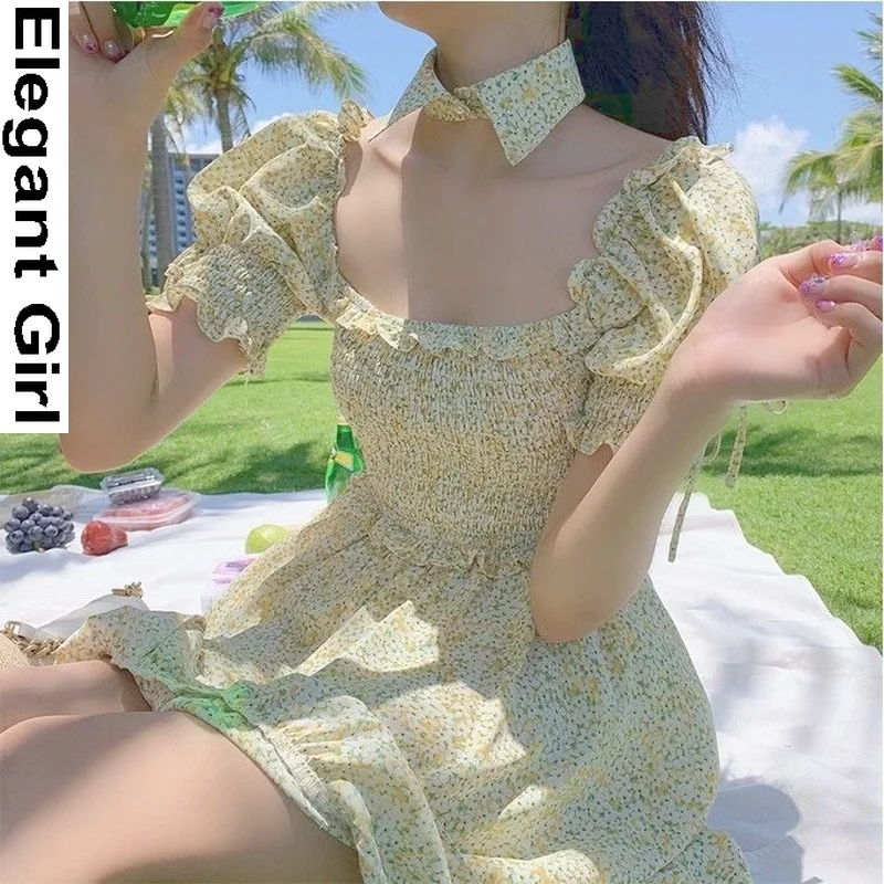 

Women Yellow Floral Elegant Dress Puff Sleeve 2021 Retro Casual Beach Party Dresses Korean Style Bule Print Summer Light Dresses