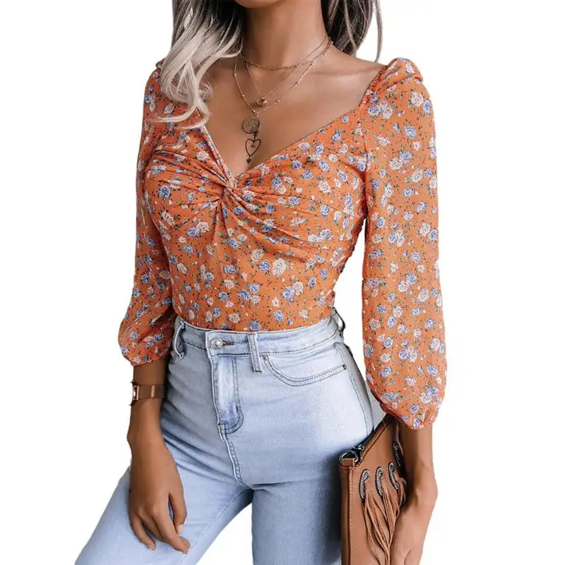 

Women Floral Print Chiffon Blouse Autumn Long Sleeves Tops Shirt Sexy V-Neck Knotted Shirt Casual Blouse For Party Daily Blusas