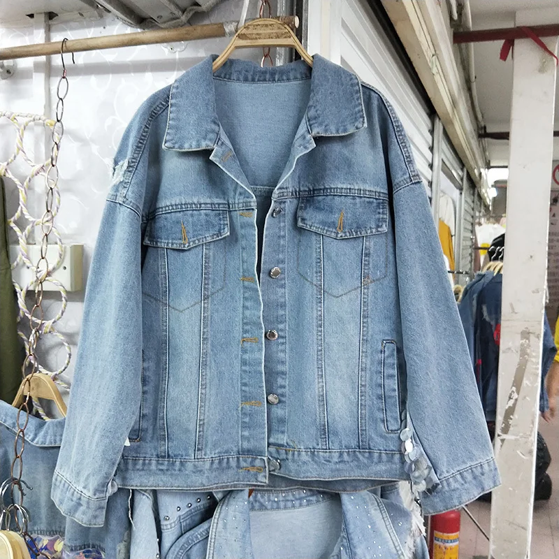 Женская джинсовая куртка с блестками синяя блестящая Куртка Свободного Покроя в