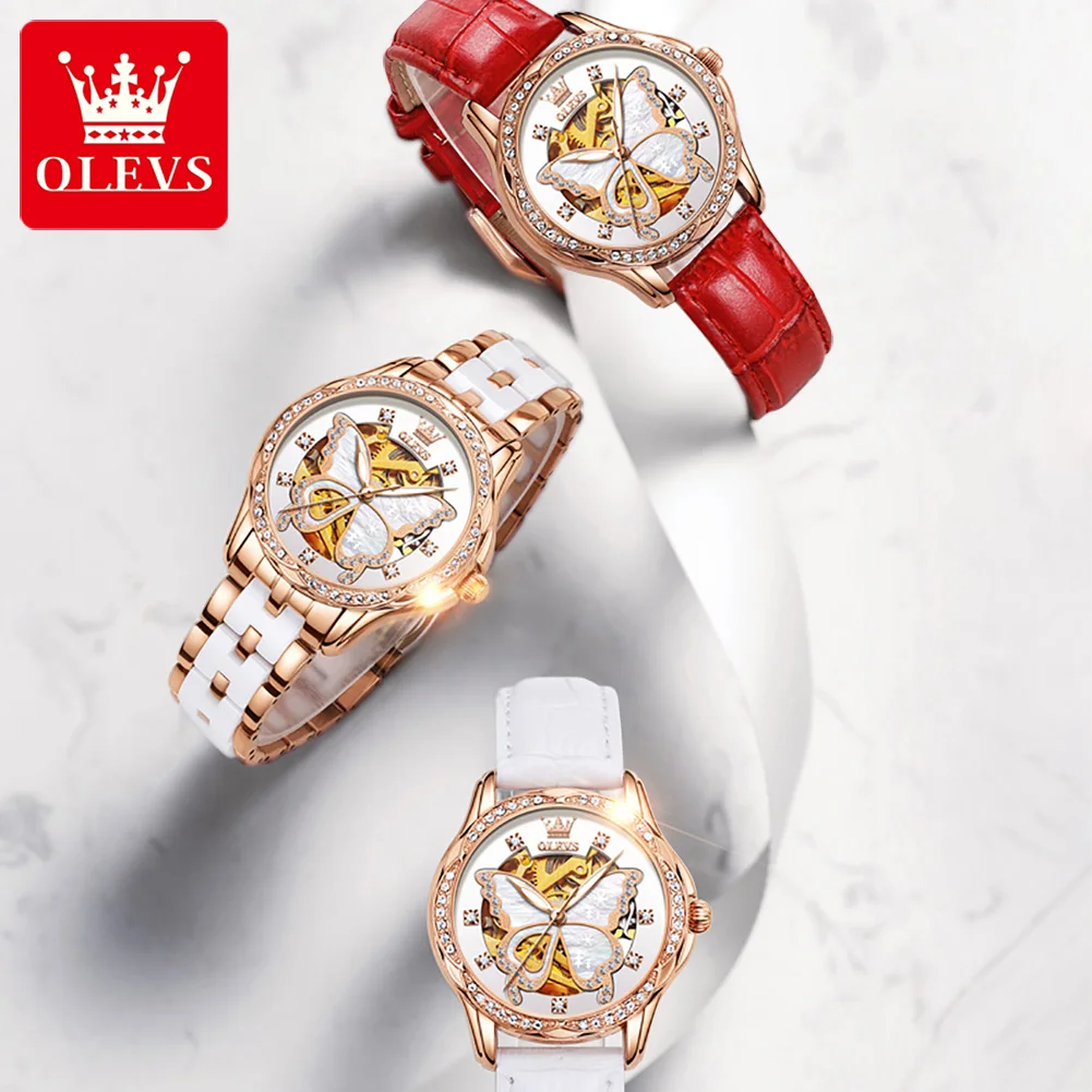 OLEVS New Valentine's Day gifts Automatic Watch for Women butterfly dial luxury Mechanical Stainless steel ceramic Ladies watch enlarge