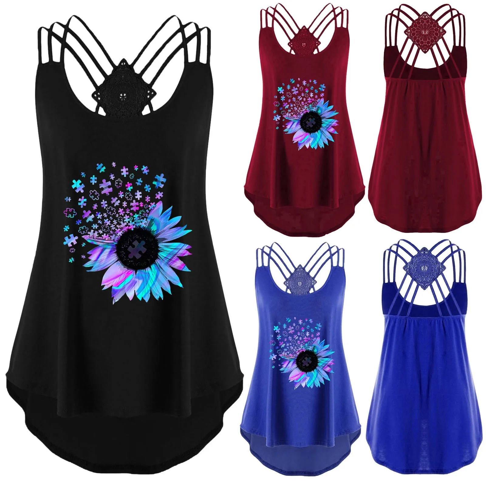 

Split flower theme print Women Tie-dye Floral Print Sleeveless Back Cross Strap Cassette Tank CasualTop Cross back straps