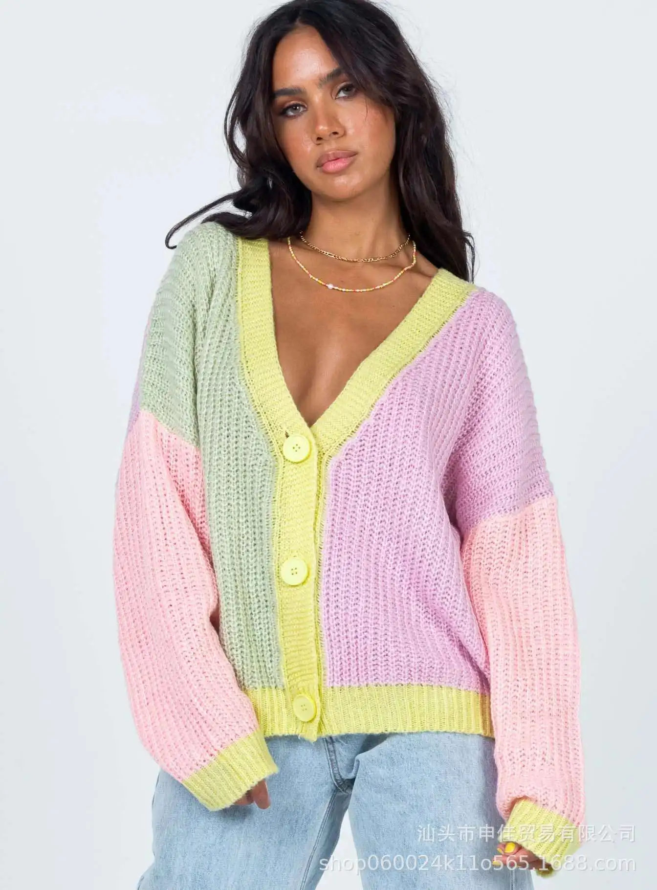 

MOARCHO Women High Street Deep V-neck Spliced Lantern Sleeve Pullover 2021 New Fashion Autumn Winter Pullover