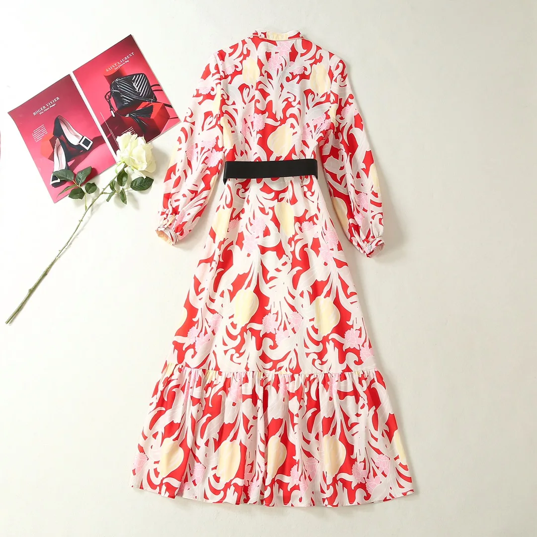 

European High Street Chiffon Dress Lady Lantern Sleeve Print Casual Resort Mid Calf Length Prom Robe