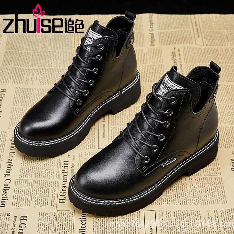 

Inner height riding boots, women's leather short boots, women's autumn and winter Korean style plus velvet platform boots