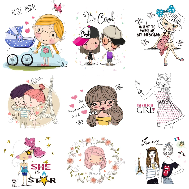 

Iron on Transfer for Clothing Patches for Jackets Diy Beautiful Girl Pvc Stickers Appliques ForT-shirt Stripes Heat Transfer I