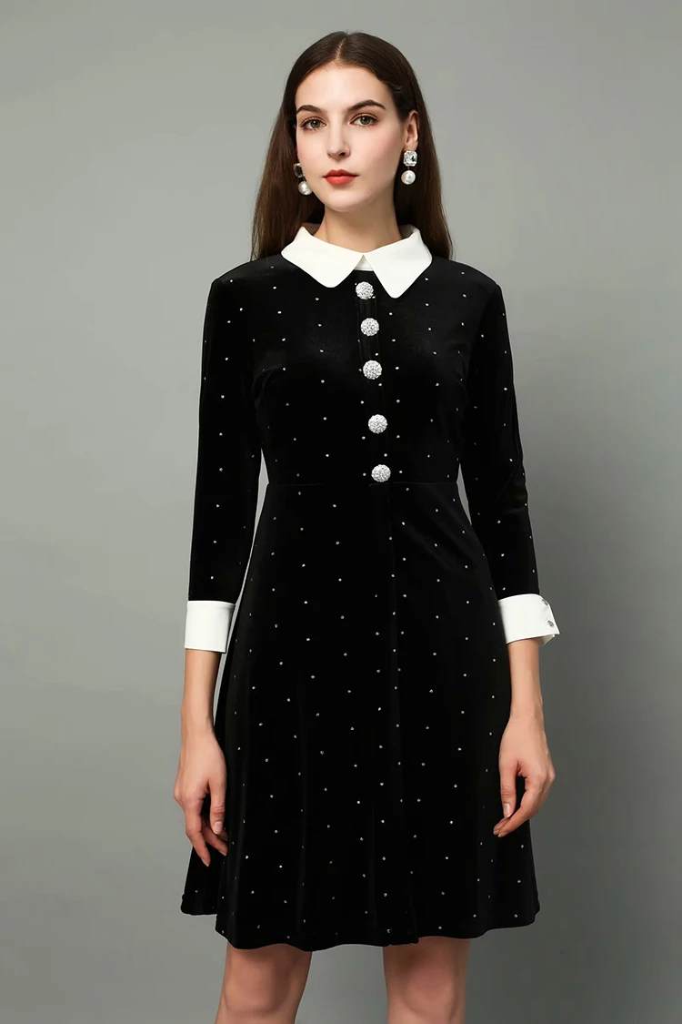 Бархатное платье SEQINYY, весна-осень, новая мода, дизайнерское, женское, рукав 3/4, кристальная пуговица, тонкое, блестящее, мини, черное платье
