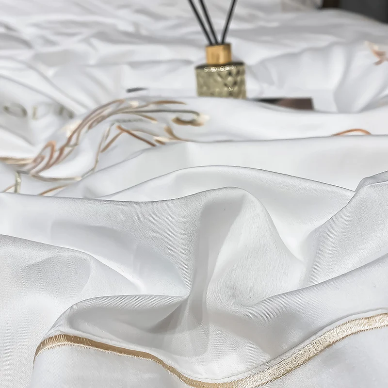 

Luxury White Red Blue Gray Soft Silky Cotton Bedding Set Gold Embroidery Duvet Cover Flat/Fitted Sheet Pillowcases Home Textiles