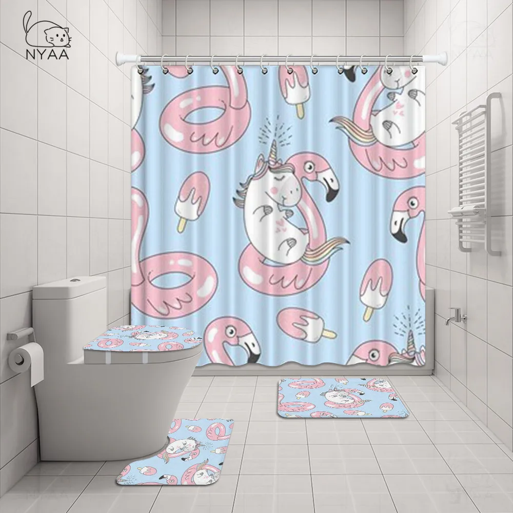 

Pink Flamingo Unicorn Pineapple Shower Curtain Fantasy Unicorn Bathroom Curtain Set for Toilet Kid Room Rug Carpet Mat Decor
