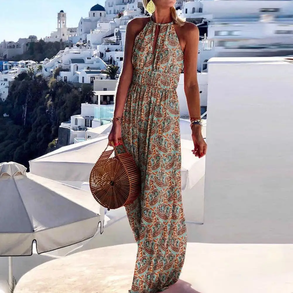 

Bohemian Women Dress Sleeveless Backless Paisley Floral Print Halter Maxi Dress Streetwear Party Beach Dresses Women's Clothing