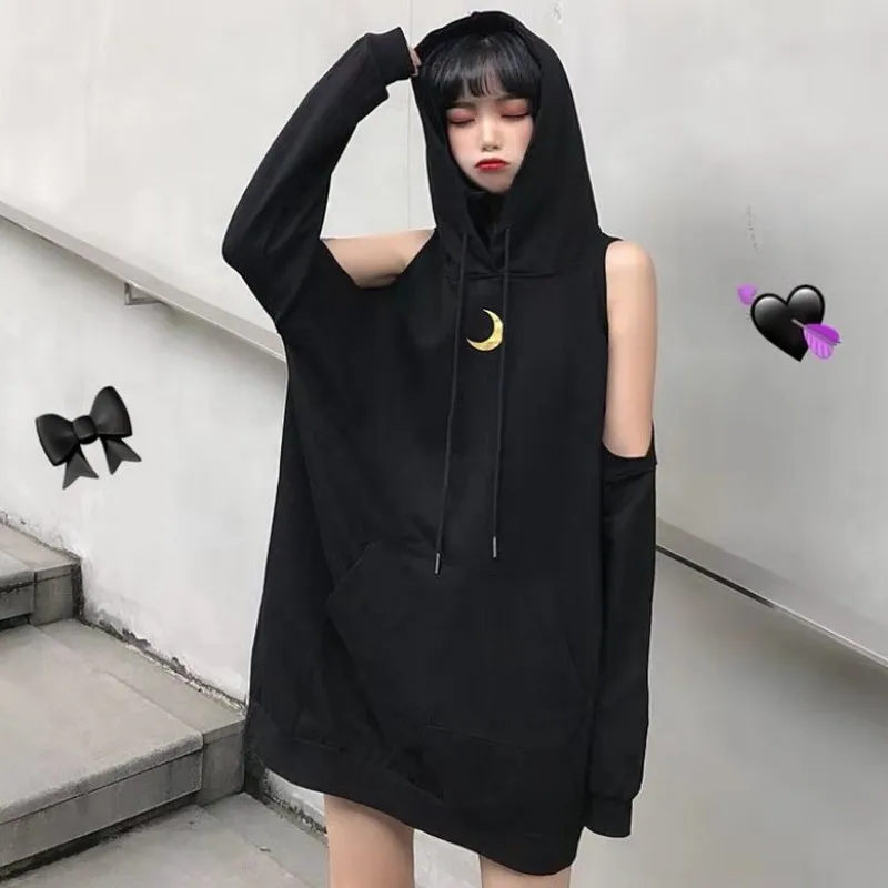 Черная серая толстовка с капюшоном оверсайз Женская Толстовка Harajuku уличная толстовка с капюшоном для женщин модная Корейская Moon Printng Толстовка для женщин - Цвет: Черный
