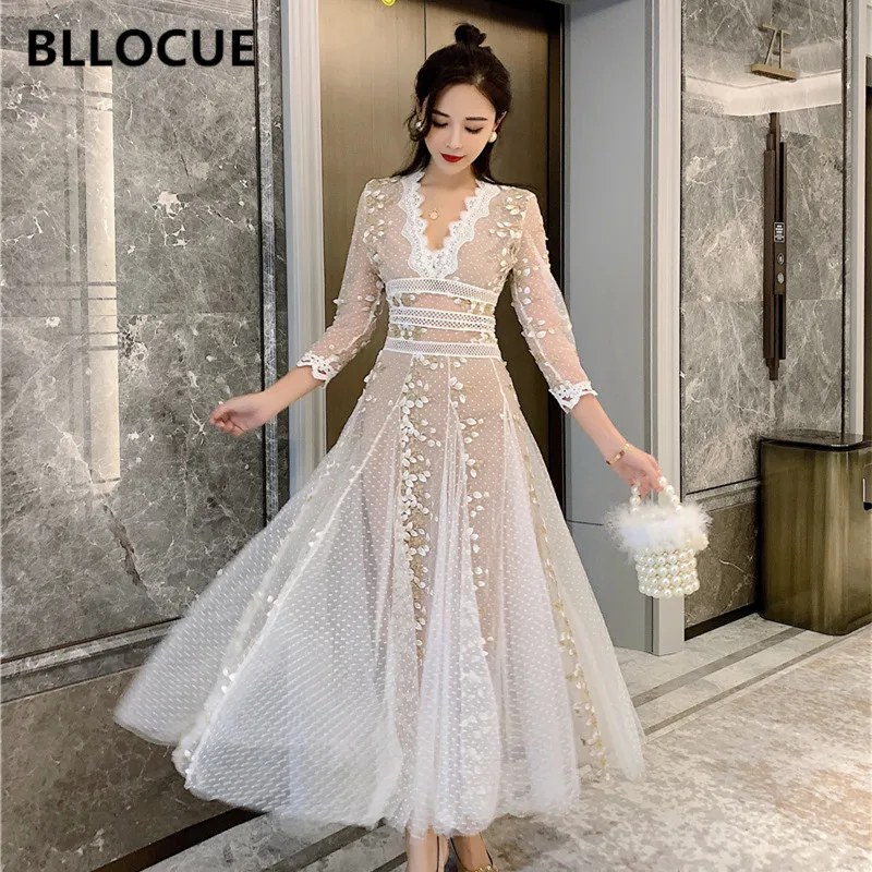 

BLLOCUE Korean Women Seven-Quarter Sleeve Polka Dot Mesh Embroidery Dress 2020 Spring Sexy V-neck Elegant Party Long Dress