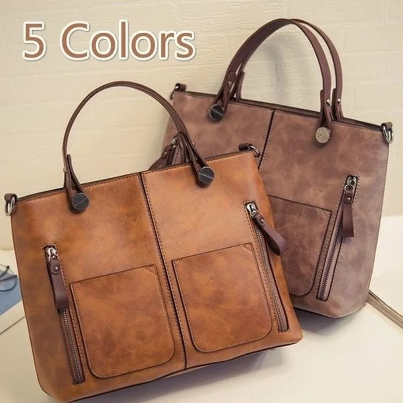 

Luxury Women Handbags Retro PU Oil Leather Double Pockets Large Capacity Shoulder Bags Casual Tote Messenger Bag Bolsa Feminina