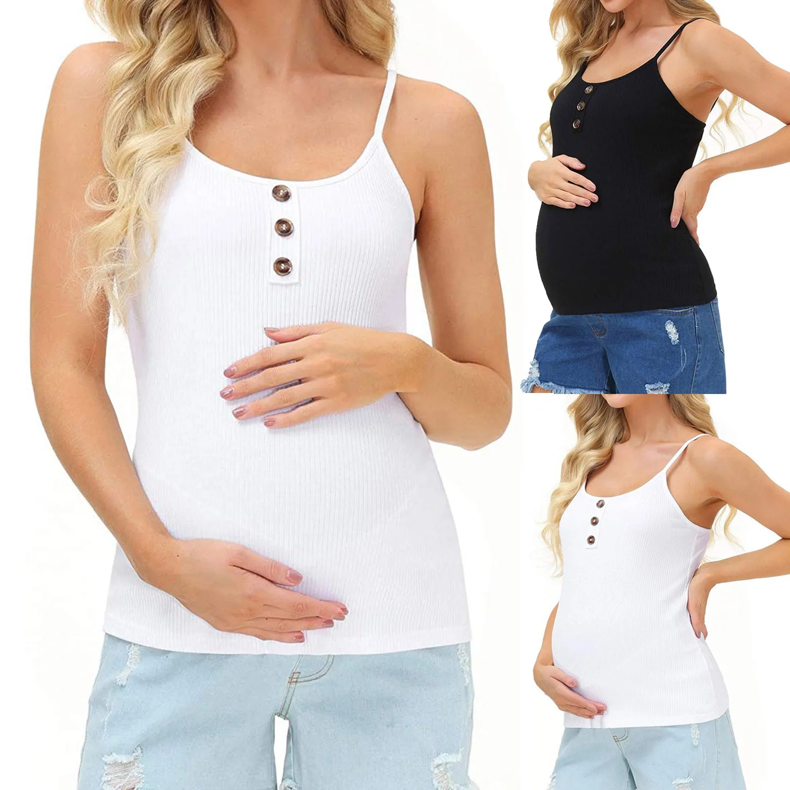 

Maternity O-neck Solid Sling Buttons Vest Pregnant Woman Casual Blouse Schwangerschaft Kleidung Одежда Для Беременных
