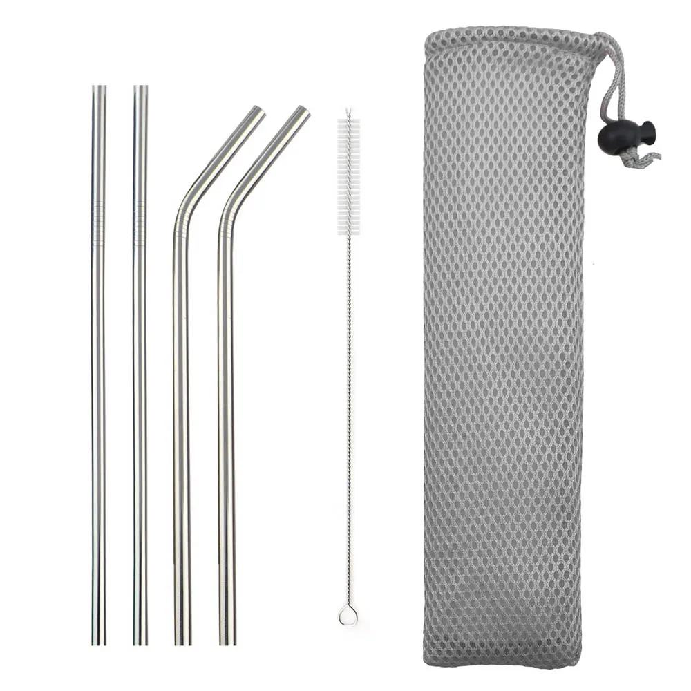6Pcs Silver 11 шт./компл. питьевой соломы 304 Нержавеющая сталь многоразовые соломы прямой изогнутая металлическая соломинка с силиконовыми наконечниками для чистки ногтей оптом - Цвет: 6Pcs Silver