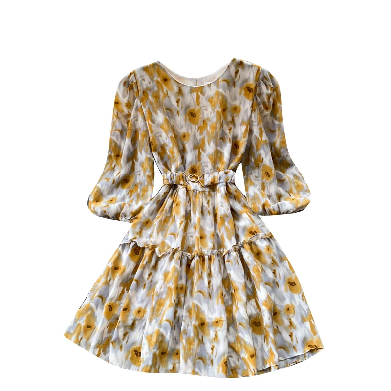 

2021 Summer New Style Reduced Age Waist Waist Vestidos Female Round Neck Puff Sleeve Tie-dye Slim French Mini Dress DK1324