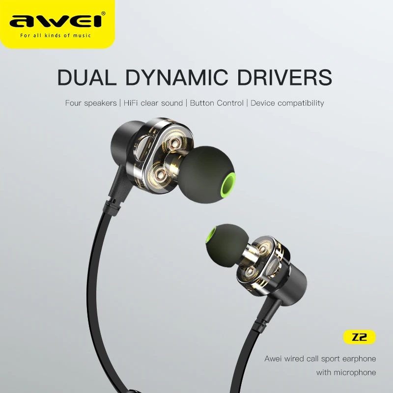 

AWEI Z2 Wired Earphones Dual Drivers Volume Control Quality Clear Sound With Microphone